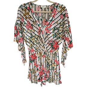 Umgee Womens Multicolor Floral Stripe Flow Sleeve Romper Swim Beach Coverup Sz S